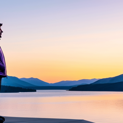 A solitary person, fully clothed in a modest windbreaker jacket and comfortable trousers, standing on an observation deck overlooking a vast, calm lake. The scene is set at "Sunset Point" during a gentle spring sunset. Soft golden light permeates the sky, casting delicate orange-pink and subtle lilac hues, with prominent crepuscular rays fanning out from the horizon. The distant mountains are silhouetted against the glowing sky, and the lake perfectly mirrors the vibrant, soft colors. The atmosphere is peaceful and contemplative. Professional photography, high quality, perfect anatomy, correct proportions, natural pose, well-formed hands, proper finger count, natural body proportions, safe for work, appropriate content, fully clothed, family-friendly.