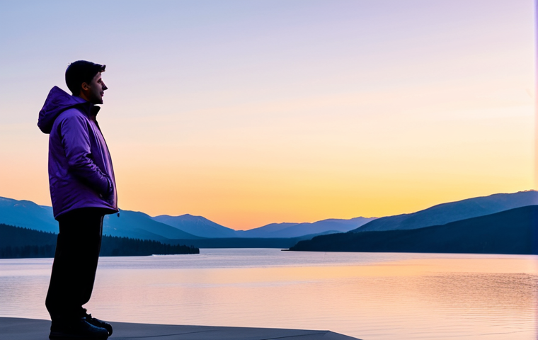 A solitary person, fully clothed in a modest windbreaker jacket and comfortable trousers, standing on an observation deck overlooking a vast, calm lake. The scene is set at "Sunset Point" during a gentle spring sunset. Soft golden light permeates the sky, casting delicate orange-pink and subtle lilac hues, with prominent crepuscular rays fanning out from the horizon. The distant mountains are silhouetted against the glowing sky, and the lake perfectly mirrors the vibrant, soft colors. The atmosphere is peaceful and contemplative. Professional photography, high quality, perfect anatomy, correct proportions, natural pose, well-formed hands, proper finger count, natural body proportions, safe for work, appropriate content, fully clothed, family-friendly.